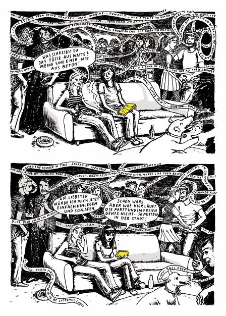 Comic aus "Nordpol": Zwei Mädchen unterhalten sich auf einer Party, während ringsum das Geschehen turbulent wird.